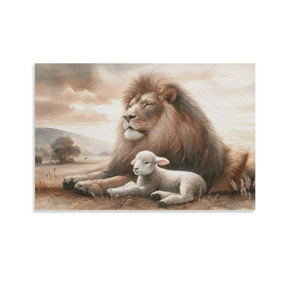 Christian Wall Art - Lion of Judah And Lamb Painting - Jesus Bible Watercolor Poster Canvas Poster Wall Art Picture Prints Hanging Photo Gift Decor Home Posters Artworks 12x18inch(30x45cm)