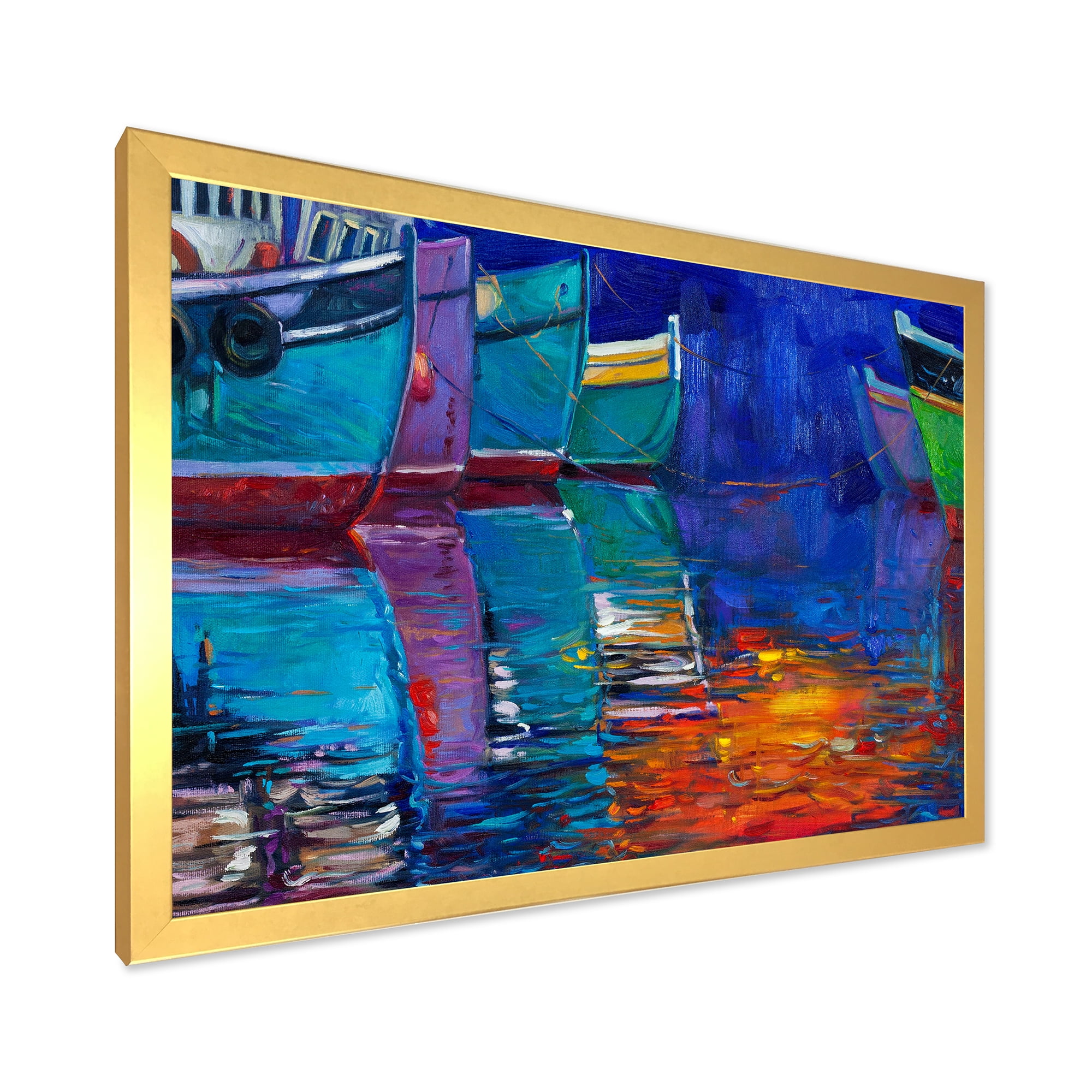 Boats During Warm Sunset Resting On The Water I 40 in x 30 in Framed Painting Canvas Art Print, by Designart