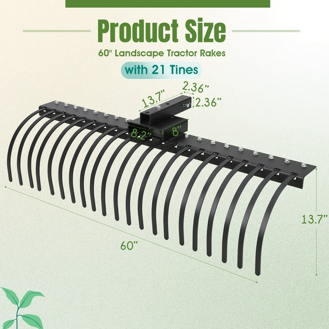 60 Inch Heavy Duty 3 Point Rock Rake for Compact Tractors - Rotating Tow-Behind Garden Tool for Lawns, Ground Leveling & Maintenance - Fits 2 Inch Receiver, Category 1, Black
