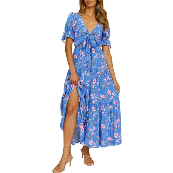 Meichang Women Summer Boho Beach Sundress Sexy Deep V Neck Long Dresses Tunic Fashion Puff Short Sleeve Bow Tie Front Sundress Casual Side Split Hem Daisy Print Holiday Dress