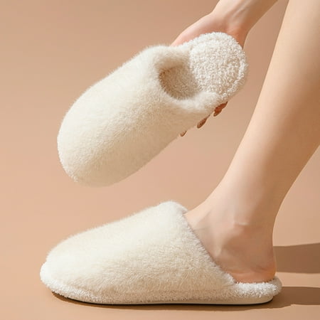 

Women Slippers 2024 Autumn/winter Cotton Plush Flat Bottomed Shoes Comfort Warm Lightweight Home Cotton Slippers Chanclas Mujer (White 36-37)