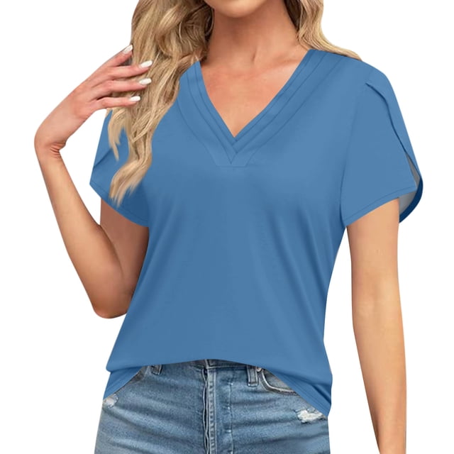 T-shirts pour Femmes à Col en V à Manches Courtes Décontractés Amples Hauts 2024 Tendance Maintenant