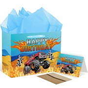 ONANNA Monster Truck PriNst Birthday Gift Bag with Tissue Paper and Greeting Card Birthday Gifts Wrapping Paper Bag for Boy Truck Race Car Themed Happy Birth Day Party Decorations Supplies