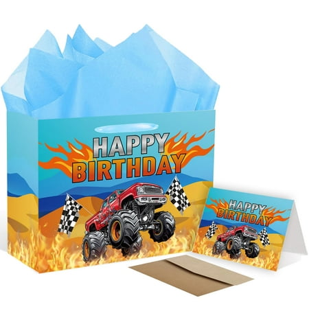 ONANNA Monster Truck PriNst Birthday Gift Bag with Tissue Paper and Greeting Card Birthday Gifts Wrapping Paper Bag for Boy Truck Race Car Themed Happy Birth Day Party Decorations Supplies