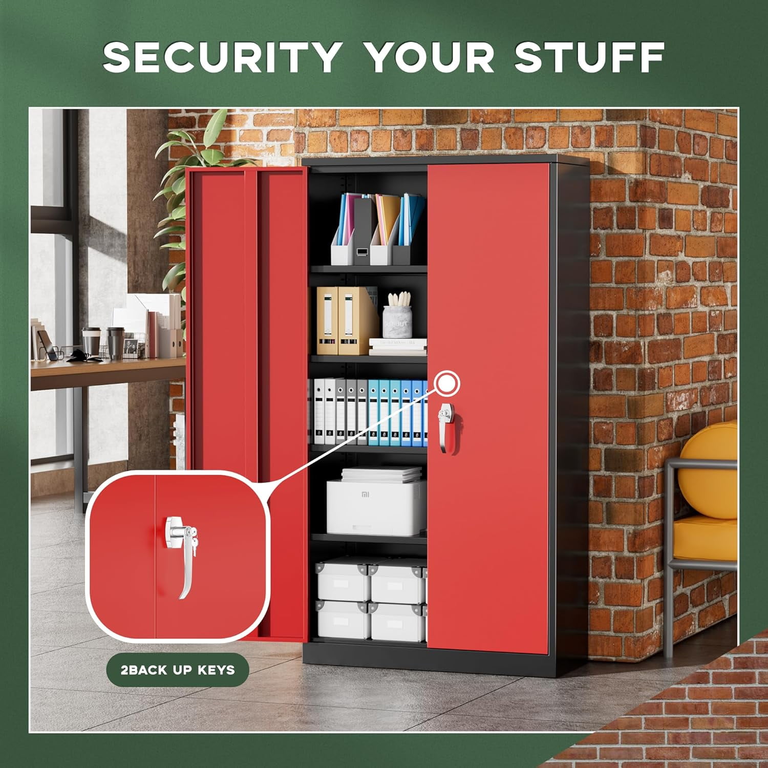 SUNCROWN 72" Metal Storage Cabinet, Locking Steel Cabinets with 2 Doors and 4 Adjustable Shelves,Tall Steel Storage for Home Office, Garage,Warehuse (Black Red)