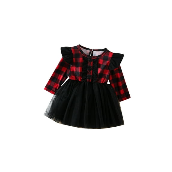 Franhais Toddler Girl Fall Dress, Plaid Patchwork Tulle Hem Ruffle Long Sleeve Tutu Dress for Kids
