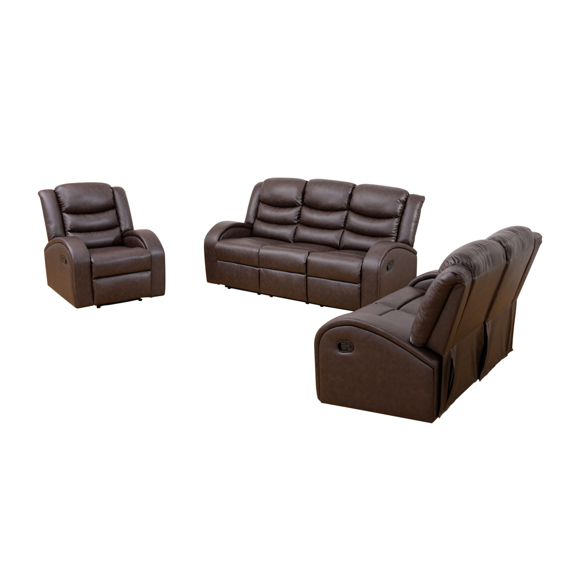 Gewnee Brown 3-Piece Living Room Recliner Sofa Set with Air Leather & Solid Wood Frame, Double-Layer Springs, Suitable for Living Room