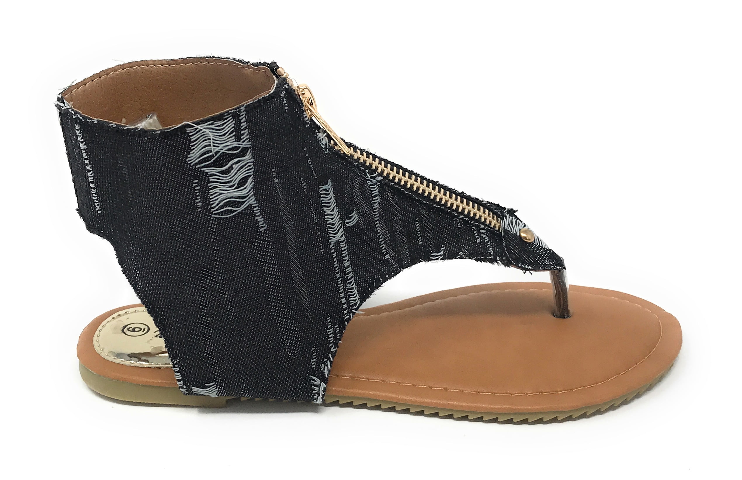 Victoria K Women's Distress Denim Zip Front Sandals