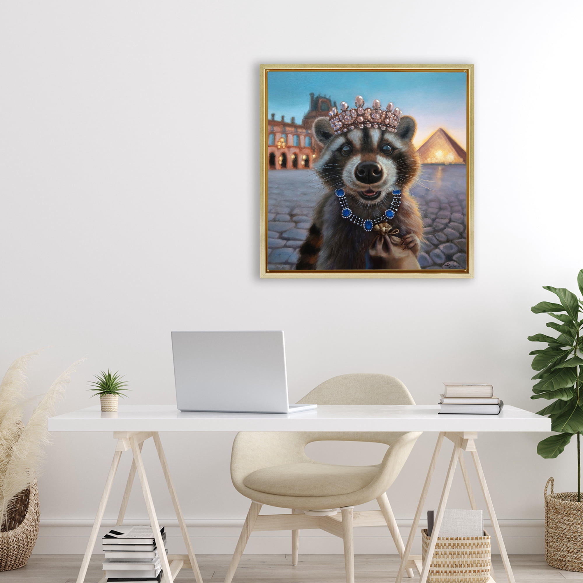Stupell Industries Louvre Loot Raccoon Gold Framed Floater Canvas Wall Art, design by Lucia Heffernan