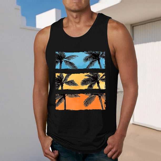 Camiseta sin mangas de cuello redondo para hombre, estampada, informal, deportiva, elástica, de moda, de poliéster.