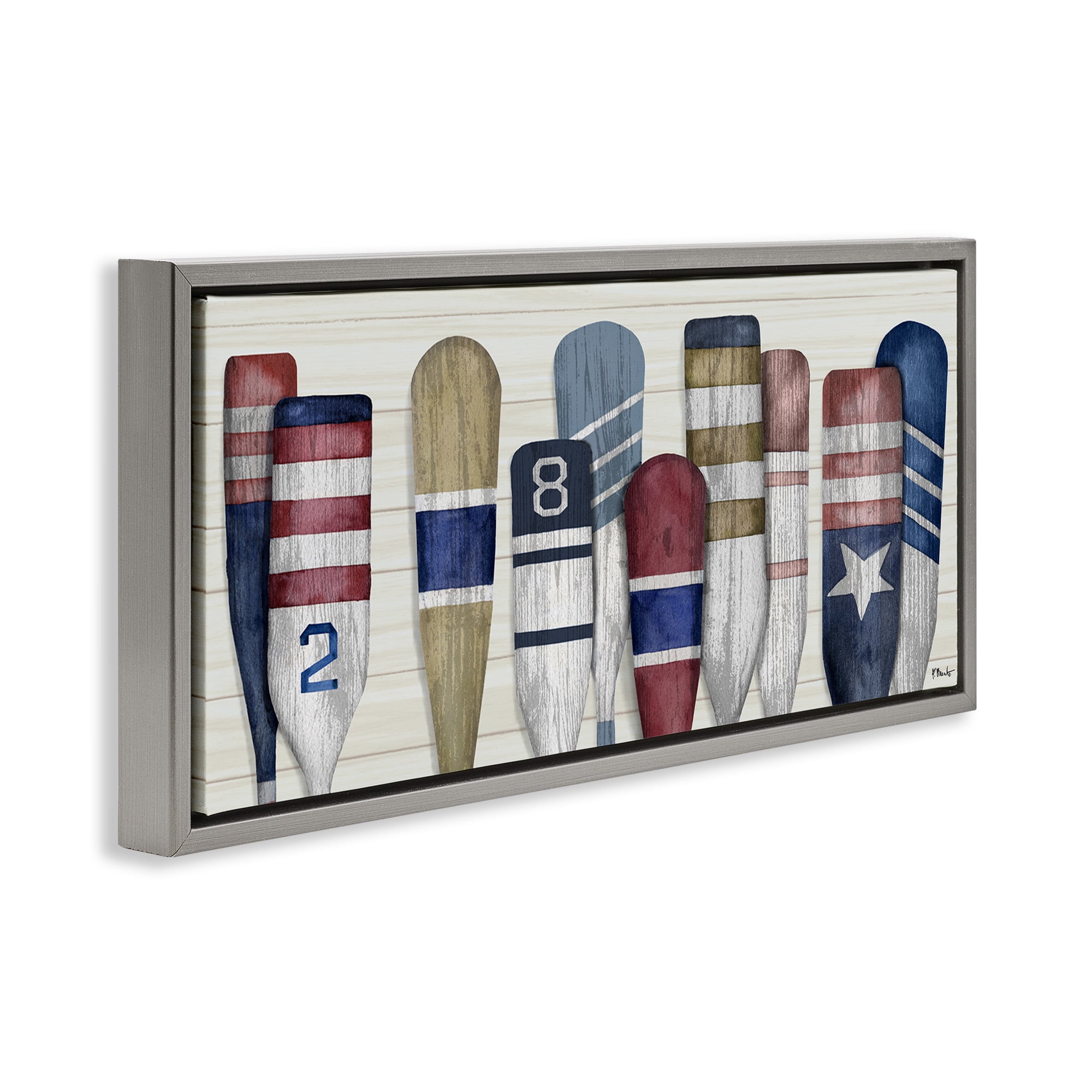 Stupell Industries Port Oars Vintage Americana Patterns Nature Painting Gray Floater Framed Canvas Art Print Wall Art, 31 x 14