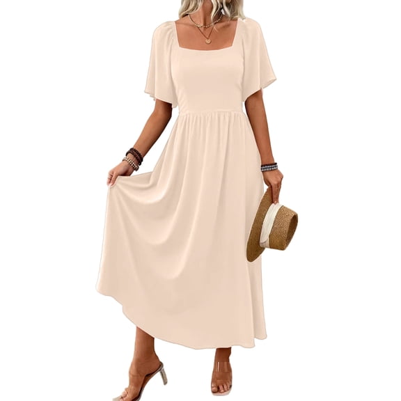 Womens Bohemian Square Neck Elegant Flared Ruffle Sleeve Maxi Dress Concert Beach Vacation Gown Cream White M