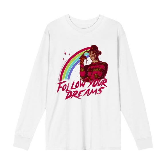 A Nightmare On Elm Street Follow Your Dreams Adult White Crew Neck Long Sleeve Tee-Small