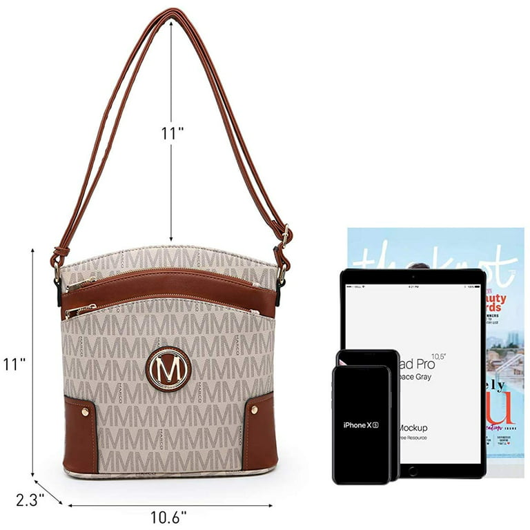 Marco M Kelly Women Crossbody Purses Multi Pockets Large Signature Monogram Zip Shoulder Bags Ladies PU Leather Handbag