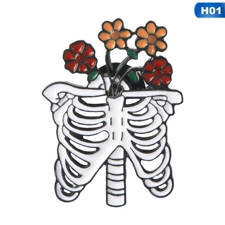KABOER Ribs Skeleton Skull &Flowers Rose Enamel Pin Punk Brooch Badge Goth Jewelry