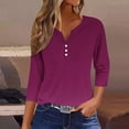 thumbnail image 2 of Lovskoo Summer Tops for Women 2024 V Neck 3/4 Sleeve Trendy Casual Solid Color T Shirt Buttons Blouse Casual Tops Purple, 2 of 6