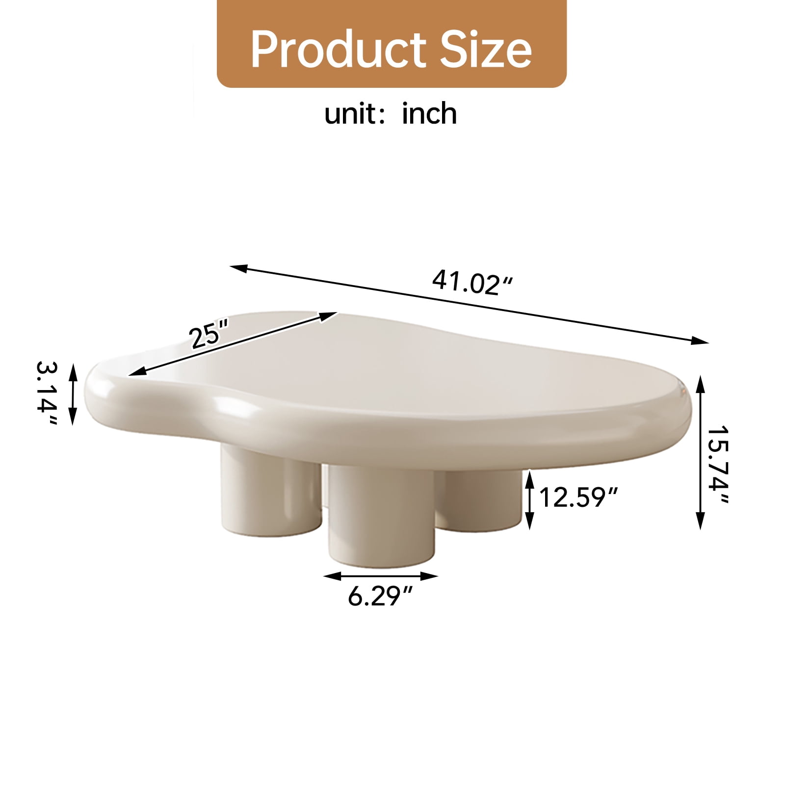 Guyii 41.02'' Cloud-Shaped Coffee Table with 4 Legs, Modern Wood Coffee Table for Living Room, Apartment, Cream White