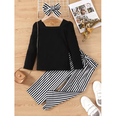 

GEDER-F Toddler Girls Long Sleeve Top & Striped Pants Set