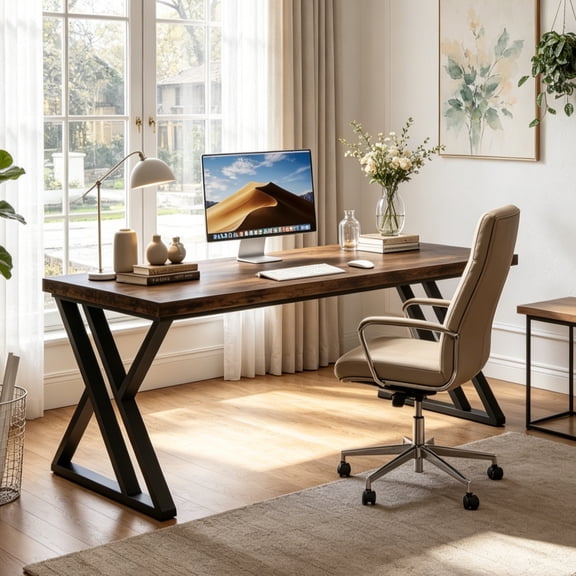 Fnova 55.12 Inch Home Office Computer Desk, Sturdy X-Shaped Metal Frame, Heavy Duty Study Workstation for Bedroom, Living Room, Study Room