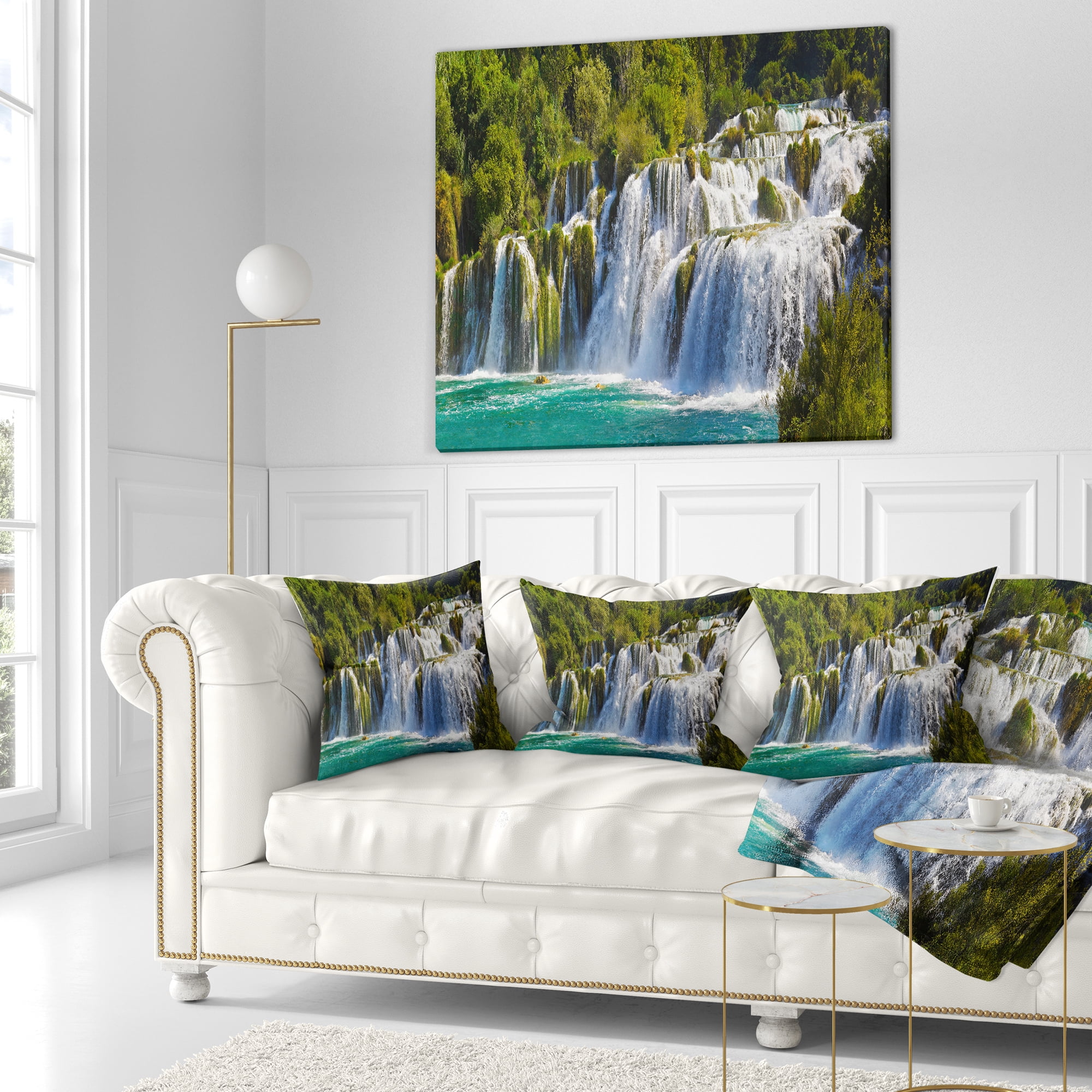 Designart Waterfall KRKA Panorama - Landscape Photography Throw Pillow - 18x18