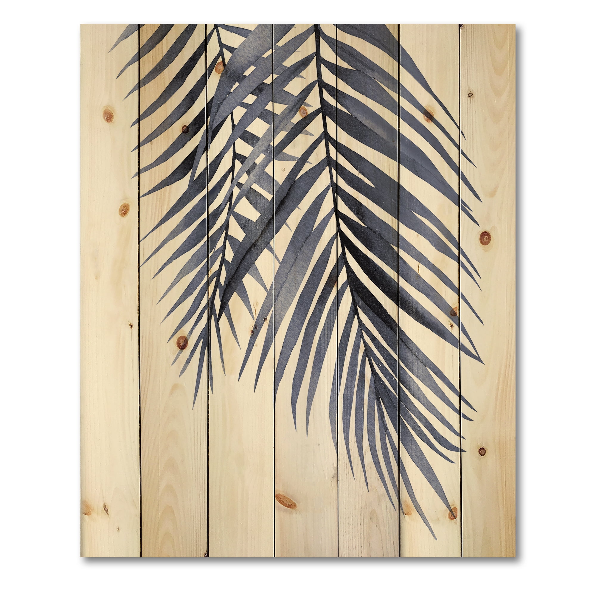 Designart 'Abstract Blue Palm Leaves Tropical Branches' Traditional Print on Natural Pine Wood
