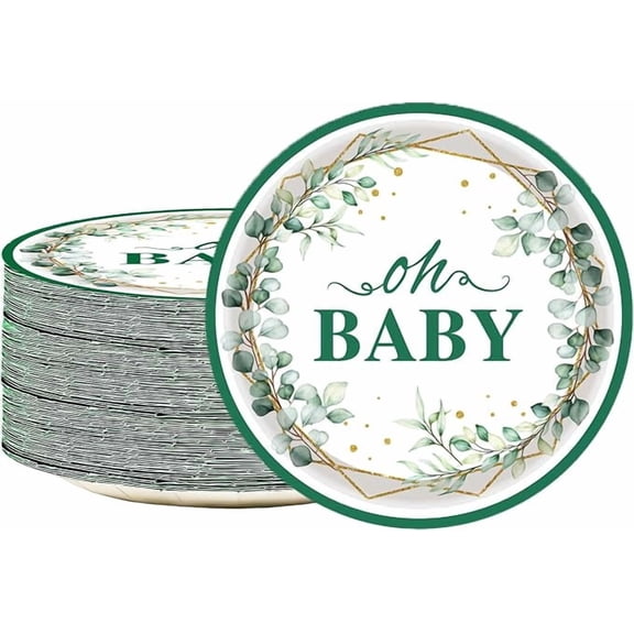 50 Piece Oh Baby Paper Plates Sage Green Eucalyptus 7 Inch Dessert Plates
