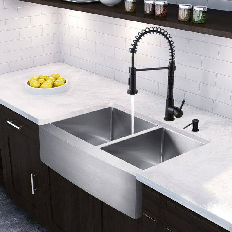 VIGO All-In-One 36 Bingham Stainless Steel Double Bowl Farmhouse Kitchen  Sink Set With Dresden Faucet In Stainless Steel, Two Grids, Two Strainers  And Soap Dispenser