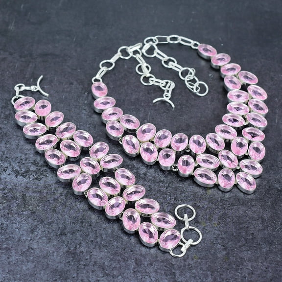 Natural Pink Kunzite Gemstone Handmade 925 Sterling Silver Jewelry Set