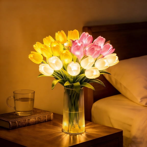 Radiant Romantic Tulip Light with a Vase, LED Tulip Flower Lamp with Vase, 15-Piece Flower Lights for Bedroom and Bedside Decor