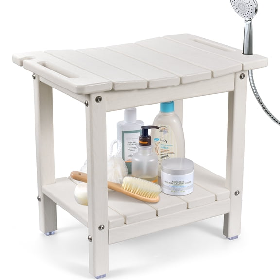 Mpow HDPE Waterproof Shower Bench with Storage Shelf, 18.7 in Shower Stool with Shower Head Holder, 350 lb Capacity for Bathroom, Indoor and Outdoor, Black