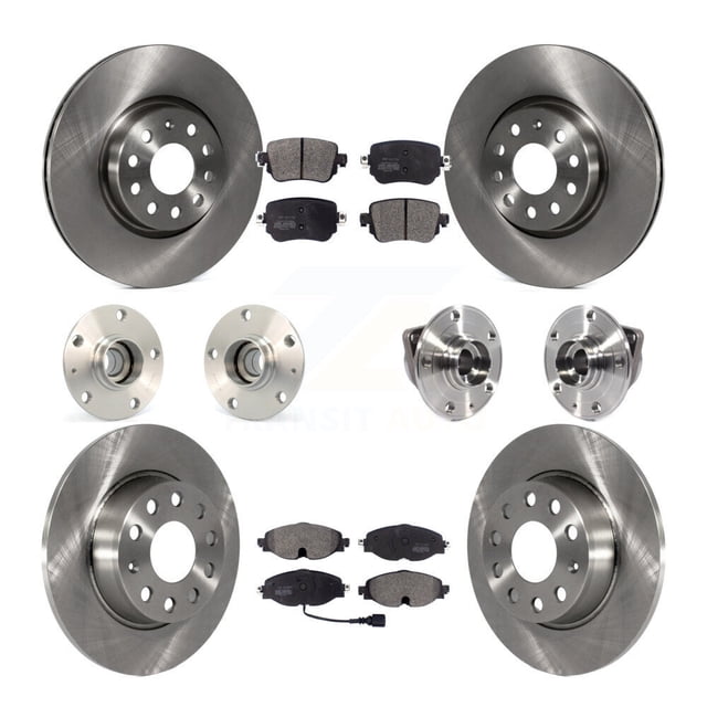 Transit Auto Front Rear Hub Bearings Assembly Disc Brake Rotors and Semi-Metallic Pads Kit (10Pc) for Car Volkswagen GTI - Left Right Side (Driver Passenger) KBB-113301