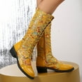 thumbnail image 5 of Vintage Embroidered Mid Calf Combat Boots for Women 2025 Retro Leather Low Heel Knee High Tall Dress Boots Yellow Size 6.5, 5 of 9
