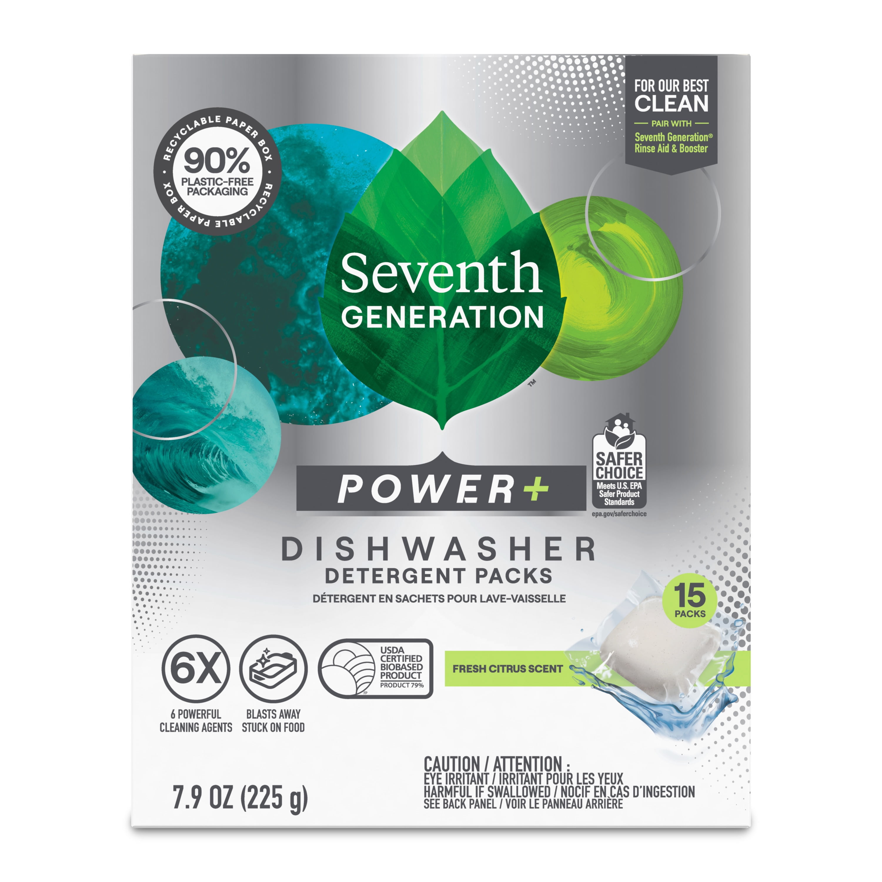 (3 pack) Seventh Generation Powder Dish Soap Dishwasher Detergent, Fresh Citrus, 7.9 oz, 15 Count