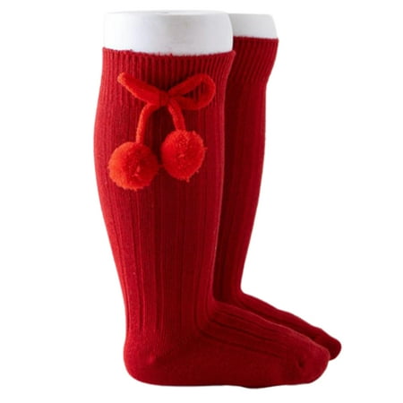 

Infant Baby Girls Cotton Knee High Socks with Cute Cherry Plush Ball Bowknot Ribbed Knitted Solid Color Tube Stockings