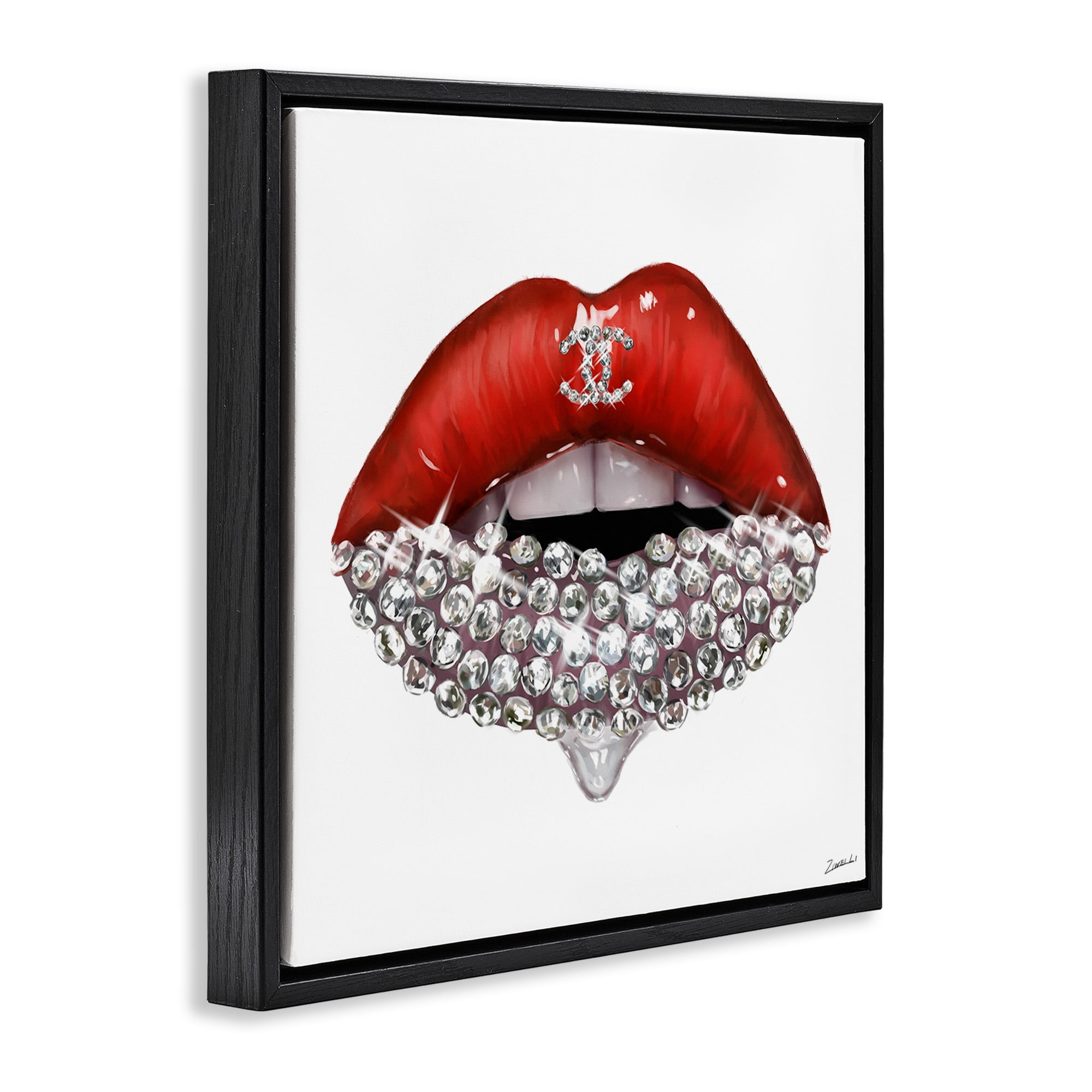 Stupell Industries Chic Red Lip Gemstones Beauty & Fashion Painting Black Floater Framed Canvas Art Print Wall Art, 25 x 25
