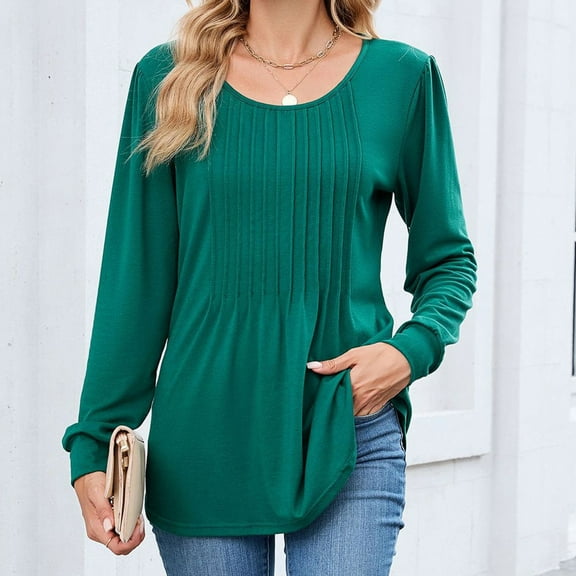 Trushirt Womens Tops Long Sleeve Solid Crew Neck Fall Winter Casual Green Going Out Tops for Women Size 2XL