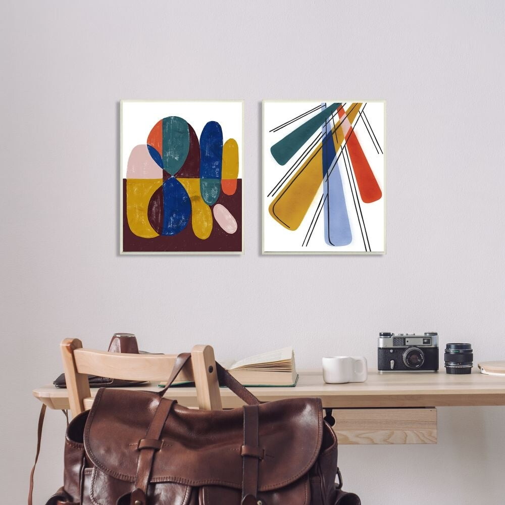 Stupell Industries Abstract Round Geometric Shapes Blue Yellow Paintings Graphic Art Black Framed Art Print Wall Art Set of 2, 11x14, by Daphne Polselli