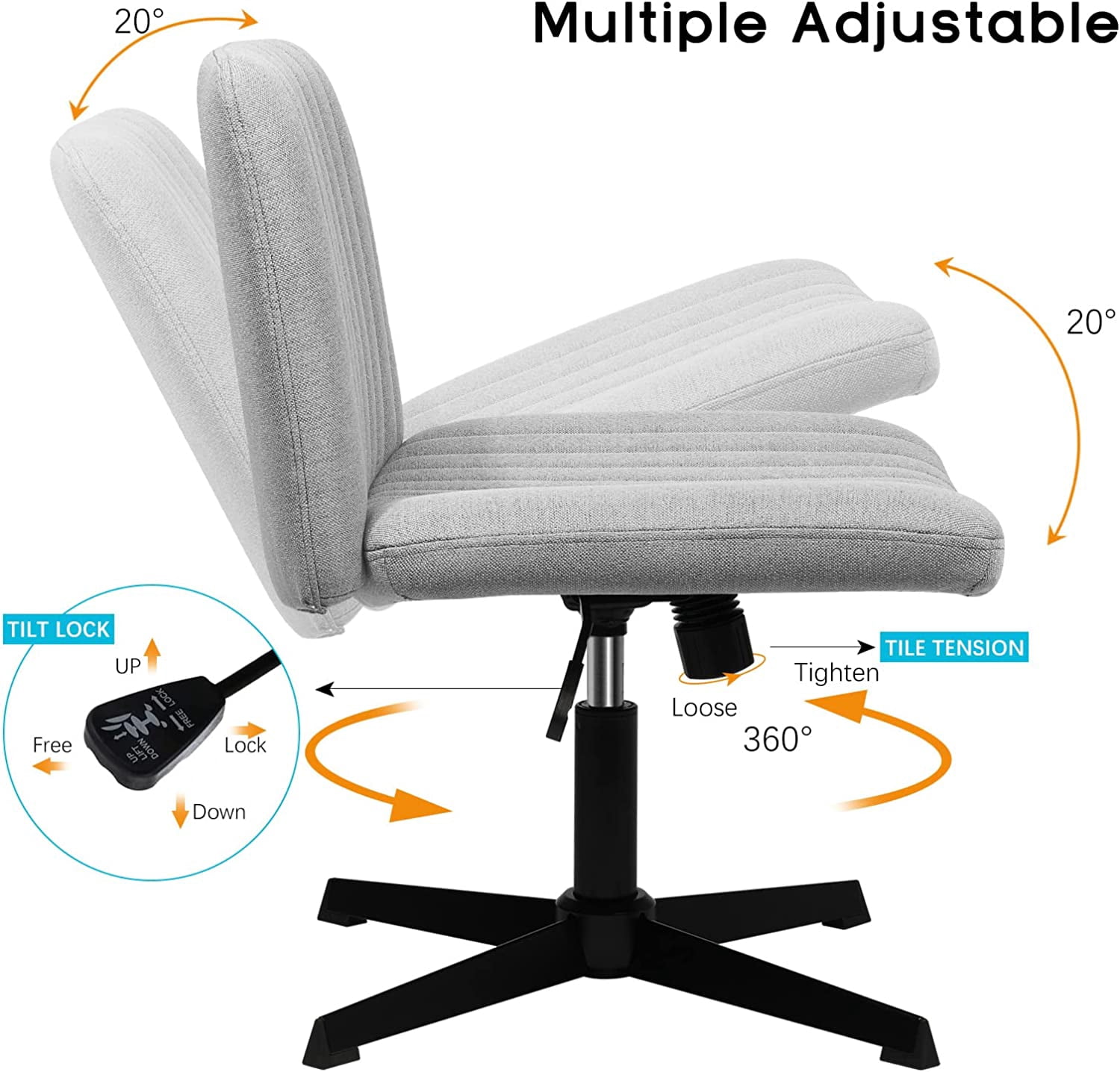 PUKAMI Armless Office Desk Chair No Wheels,Fabric Padded Modern Swivel,Height Adjustable Wide Seat Computer Task Vanity Chair for Home Office,Mid Back Accent Chair