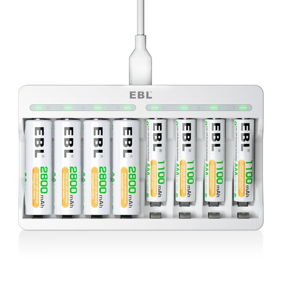 EBL (4 Pack) Rechargeable AA Batteries 2800mAh and (4 Pack) AAA Ni-MH 1100mAh Rechargeable Batteries with 8-Bay Individual Battery Charger