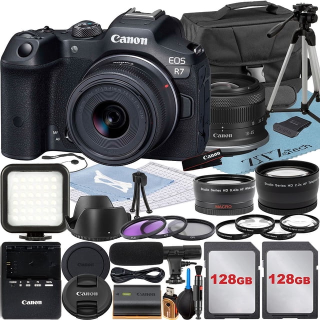 Canon EOS R7 Mirrorless Camera with RF-S 18-45mm Lens + 2 Pack 128GB Memory Card + Case + ZeeTech Accessory