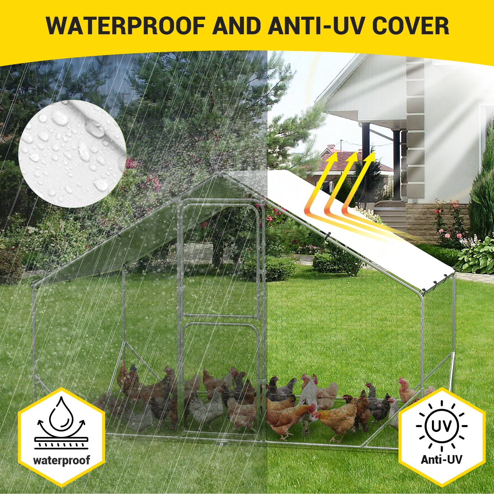 Trilenars Outdoor Walk-in Poultry Cage with Double Doors, Large Covered Metal Chicken Coop Track, Peaked Chicken Coop, Fenced Cage Poultry Run House, Duck and Rabbit Habitat, with Waterproof Cover