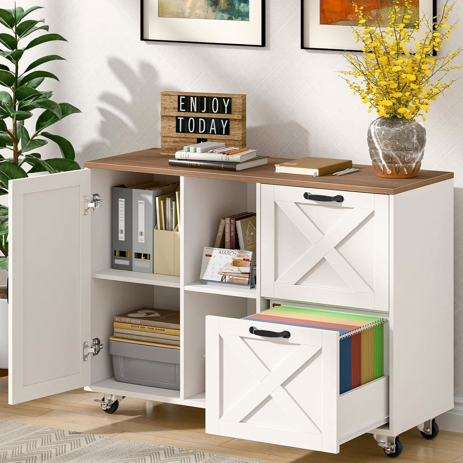 Vabches 2 Drawer Lateral File Cabinet,Mobile Wood office Cabinet for Home Office,Printer Stand with Open Storage Shelves.