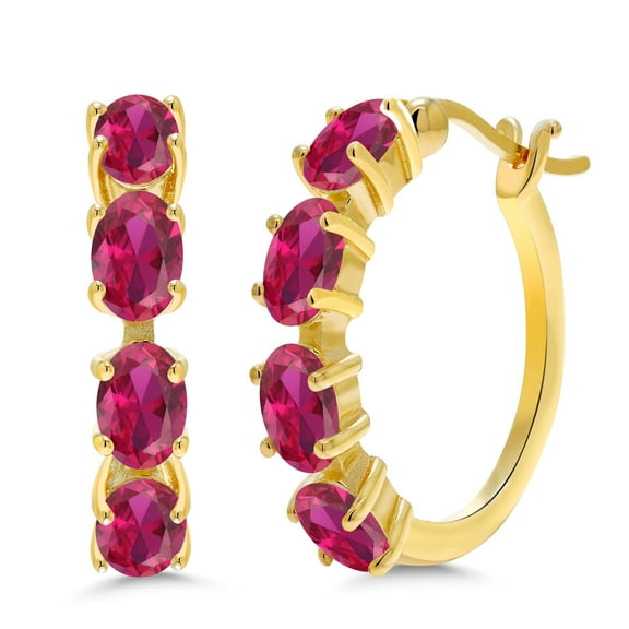 Gem Stone King 4.00 Cttw Oval Red Created Ruby 18K Yellow Gold Plated Silver Hoop Earrings for Women | Oval 6X4MM