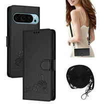 ELEHOLD for Google Pixel 9/9 Pro Wallet Case, Cute Embossed Cat PU Leather RFID Blocking Credit Card Slot Kickstand Shockproof Case with Crossbody Strap for Google Pixel 9/9 Pro,Black