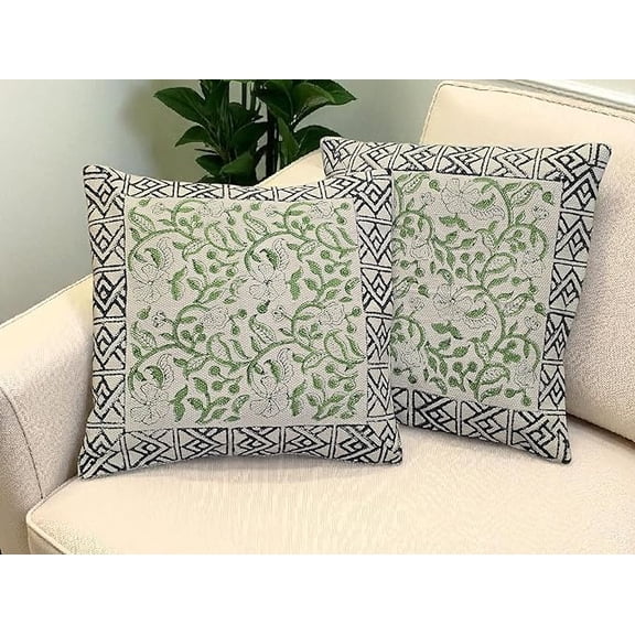 Farmhouse Vintage Pillow Covers – Grandmillennial Block Print Handwoven Cotton Cushion Covers Set of 2 (18x18)