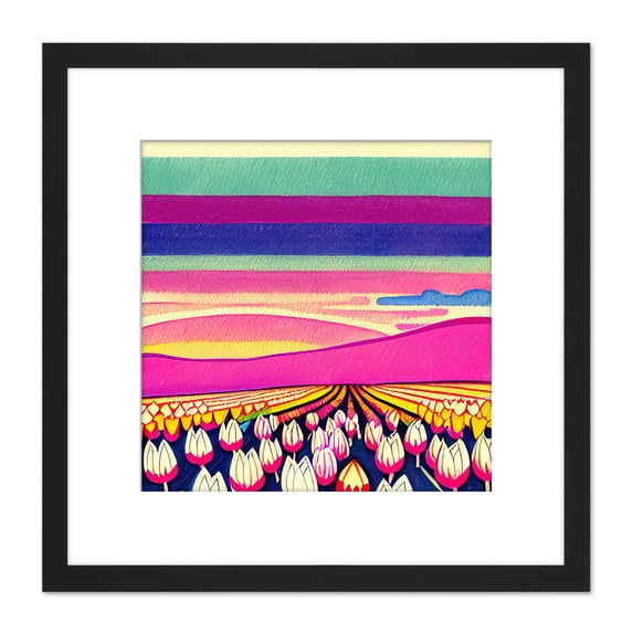 Sunset Over Tulip Flower Fields Multicoloured Sky Stripes Watercolour Illustration Square Wooden Framed Wall Art Print Picture 8X8 Inch
