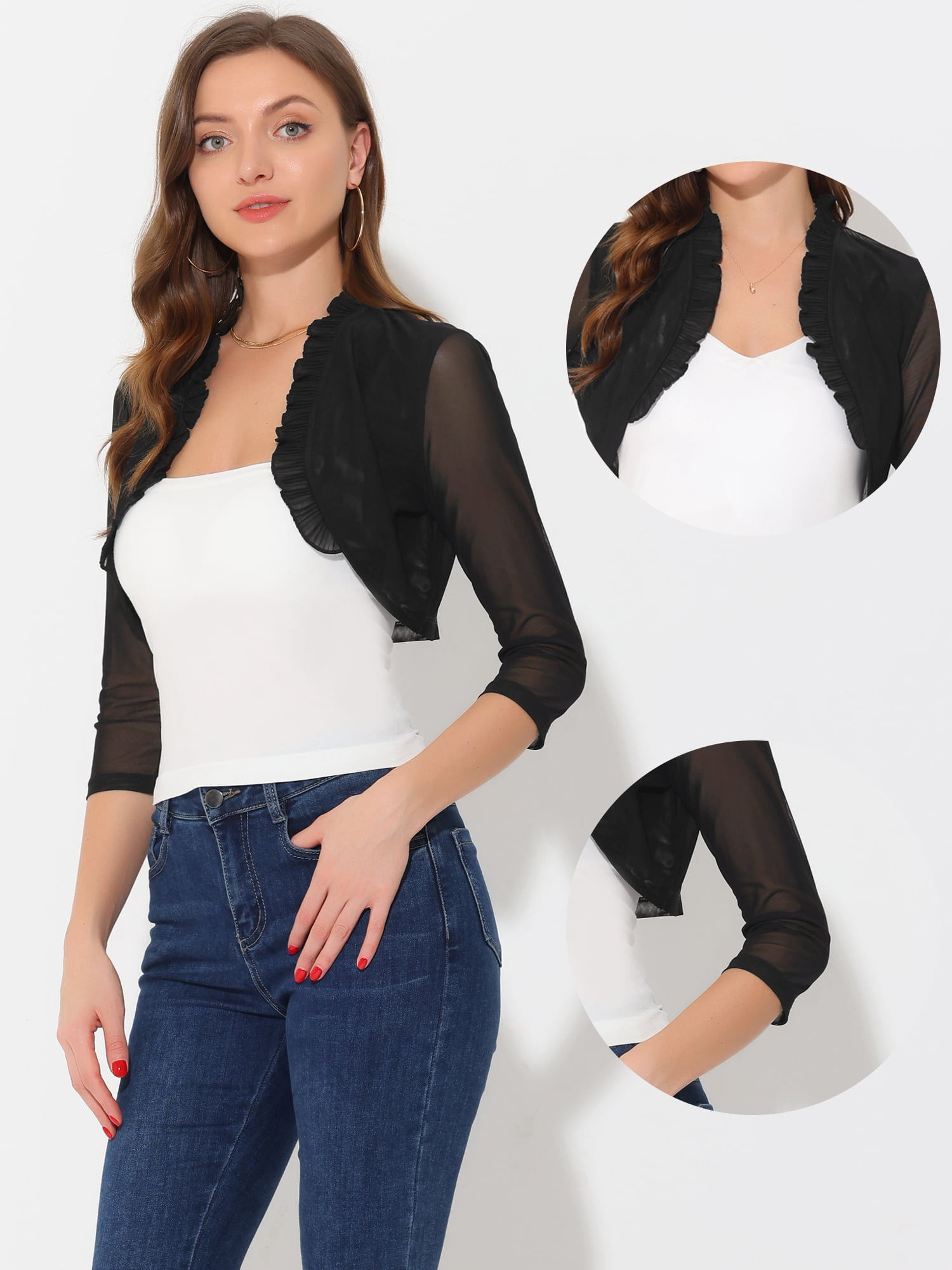 DARING DIVA Women's Ruffle Shrug Mesh Crop Bolero Cardigan XS Black