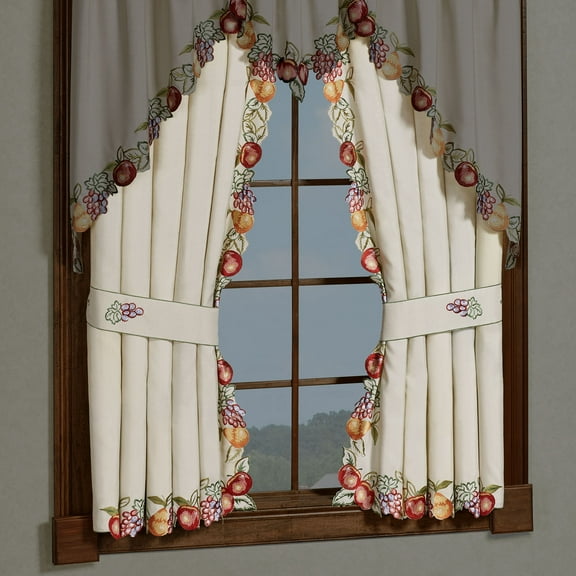 Fruitful Embroidered Slubbed Oatmeal Window Curtain Pair 84 x 63
