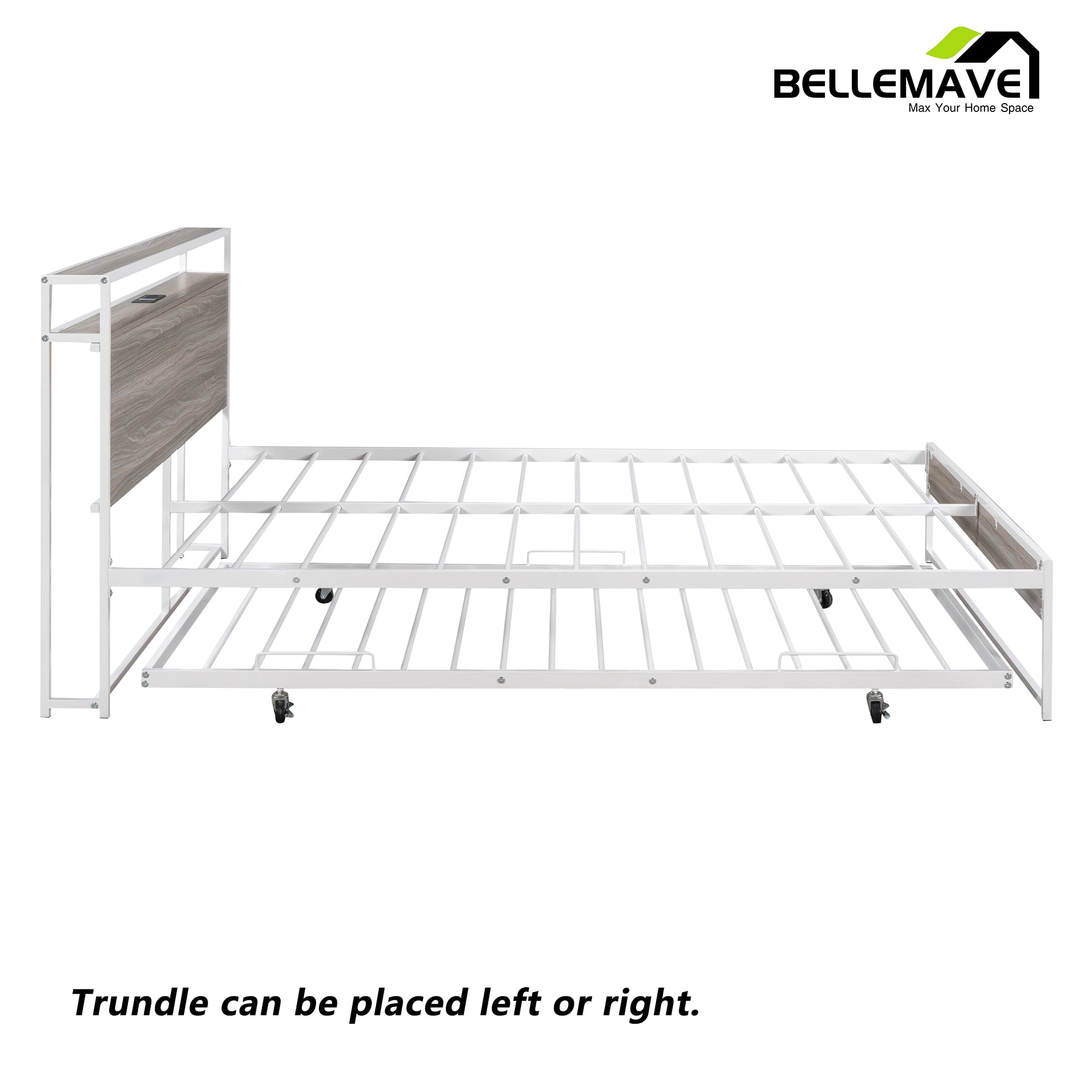 Bellemave Queen Platform Bed Frame with Twin Size Trundle, Usb Ports and Storage Shelf, Metal Queen Bed Frame with Headboard, Noise-Free, No Box Spring Needed(White)