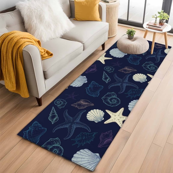 Kitchen Runner 2 x 6 Ft, Nautical Coastal Non-Slip Residential Carpet, Ocean Beach Starfish Shell Conch Navy Blue Indoor Crawling Mats Runner Rugs for Living Room/Dining Room/Bedroom